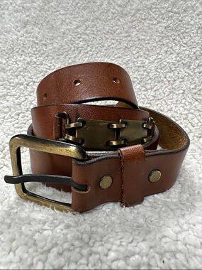 Thick Sturdy Brown Leather Belt with Unique Eye-Catching Brass accents